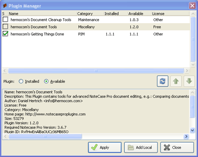 Screenshot of Plugin Manager