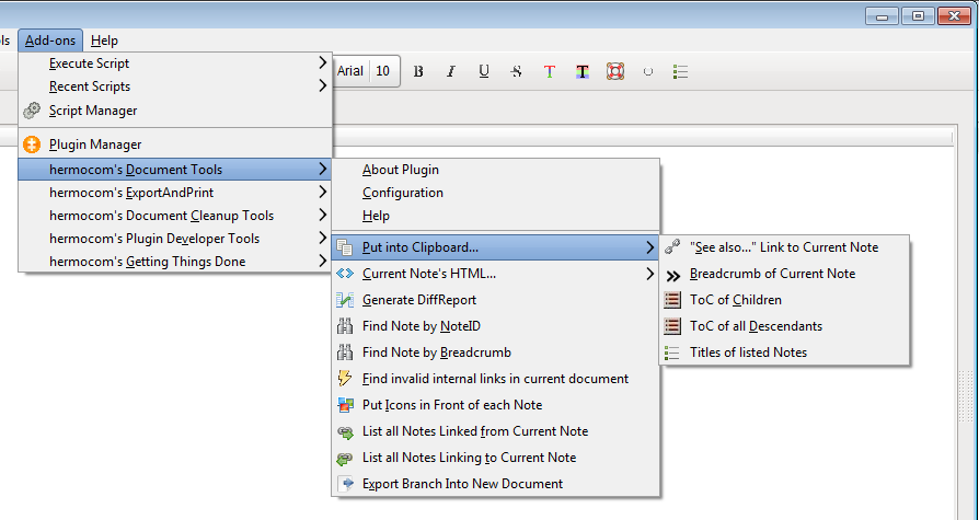 Screenshot of the Document Tools Plugin menu