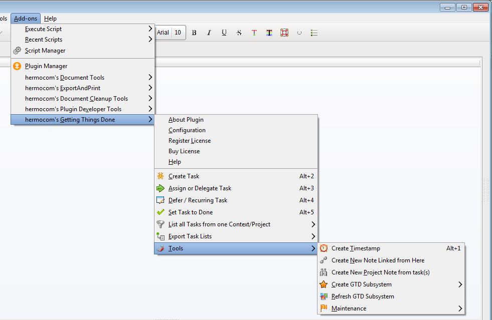 Screenshot of the GTD Plugin menu