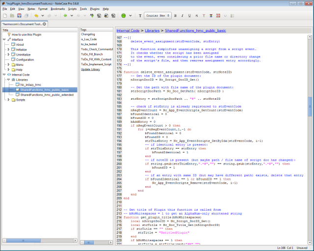 Screenshot of a NoteCase Pro window with embedded scripts