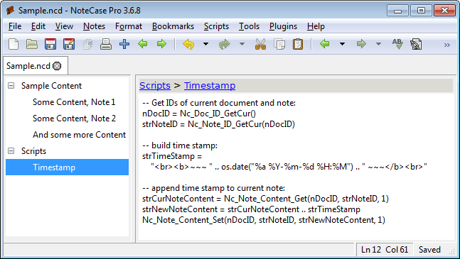 Screenshot of a NoteCase Pro document with embedded timestamp script