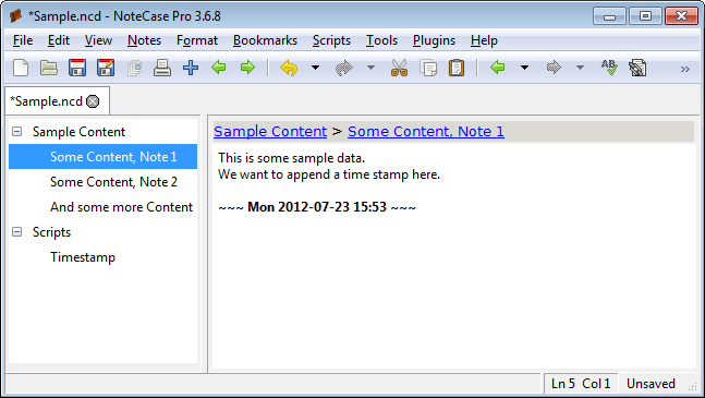Screenshot of the timestamp being appended to the data note