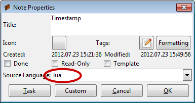 Screenshot of the source language setting in note properties dialog