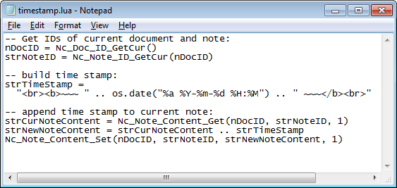 Screenshot of notepad with timestamp.lua script