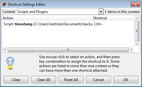 Screenshot of shortcuts dialog